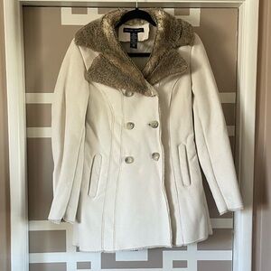 New York & Company Cream Faux Suede Peacoat with Taupe Faux Fur Collar